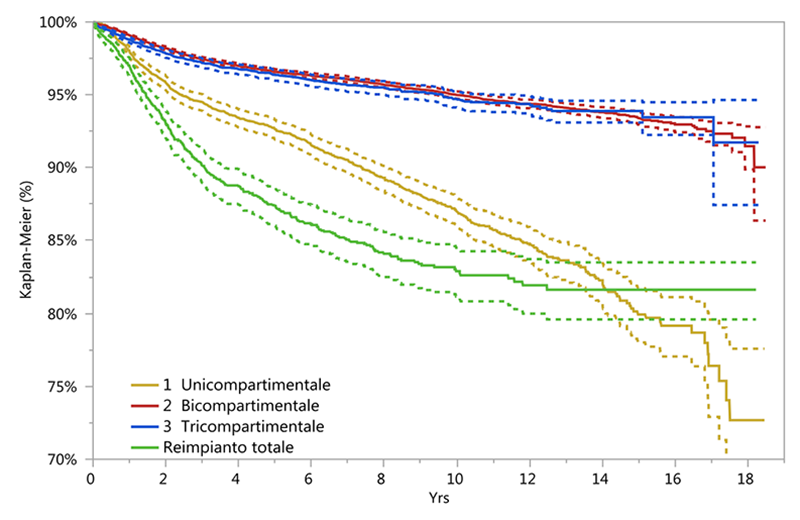 Curva di sopravvivenza protesi totale di ginocchio a 18 anni